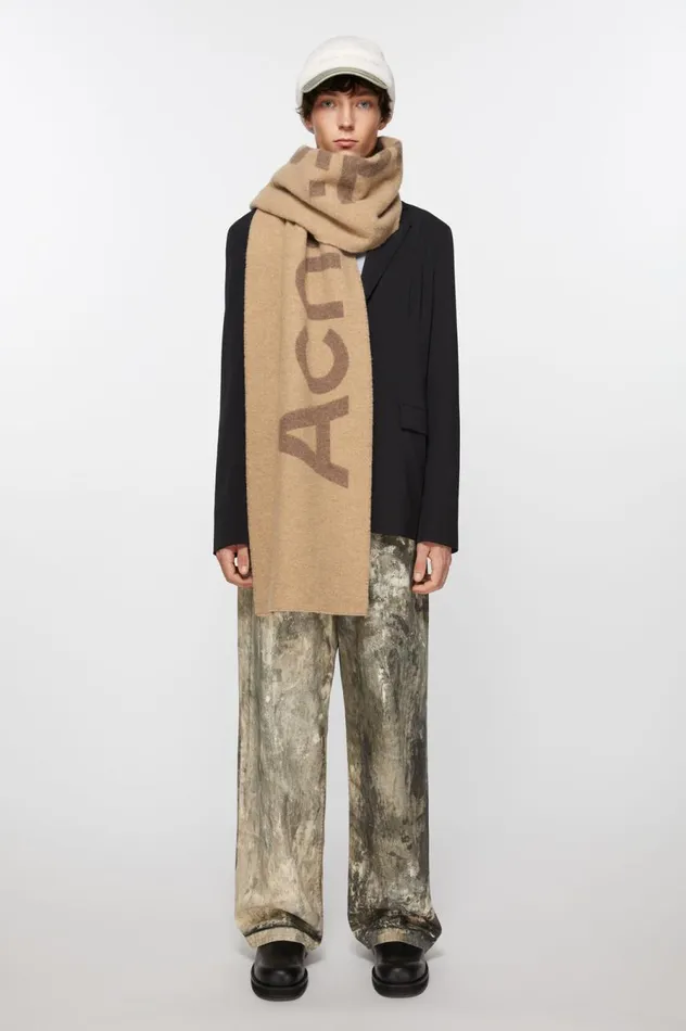 Acne Studios Logo Jacquard Scarf 8211 Narrow Camel Brown Men Scarves