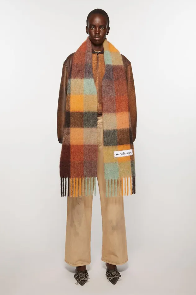 Acne Studios Mohair Checked Scarf Chestnut Brownyellowgreen Men Scarves