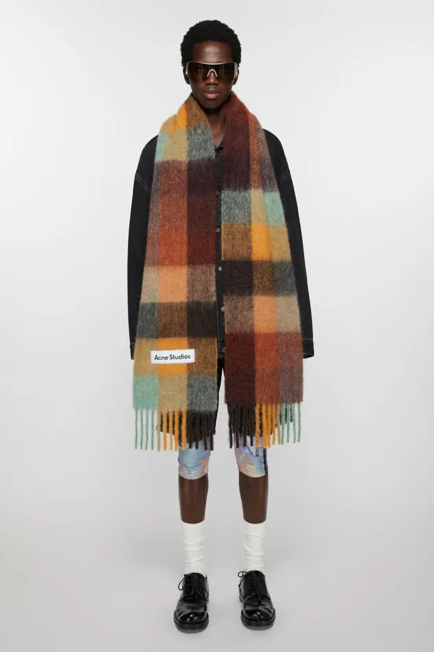 Acne Studios Mohair Checked Scarf Chestnut Brownyellowgreen Men Scarves