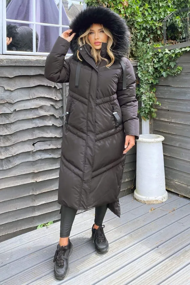 AX Paris Coats 038 Jackets Black Faux Fur Trim Hooded Puffer Coat