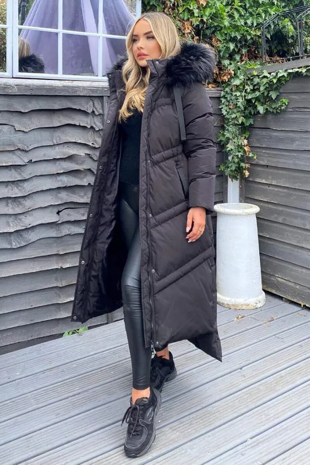 AX Paris Coats 038 Jackets Black Faux Fur Trim Hooded Puffer Coat