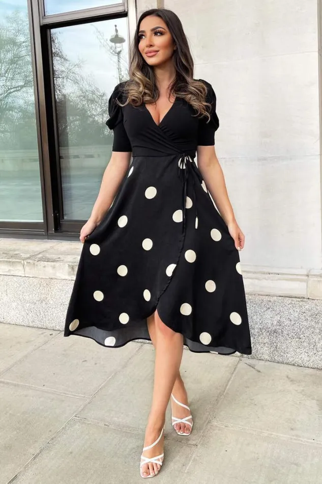 AX Paris Dresses Black And Cream Polka Dot 2 In 1 Wrap Over Midi Dress
