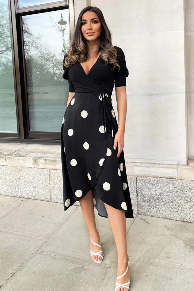 AX Paris Dresses Black And Cream Polka Dot 2 In 1 Wrap Over Midi Dress