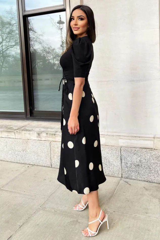 AX Paris Dresses Black And Cream Polka Dot 2 In 1 Wrap Over Midi Dress