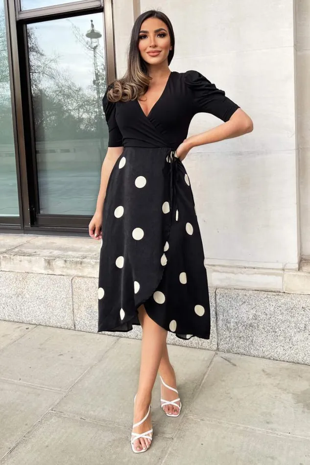 AX Paris Dresses Black And Cream Polka Dot 2 In 1 Wrap Over Midi Dress