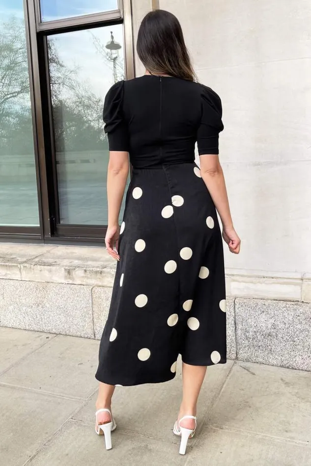 AX Paris Dresses Black And Cream Polka Dot 2 In 1 Wrap Over Midi Dress