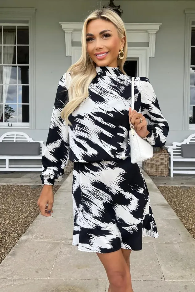 AX Paris Dresses Black And White High Neck Long Sleeve Skater Dress