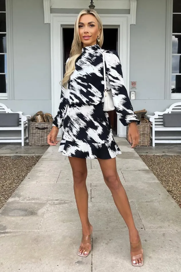 AX Paris Dresses Black And White High Neck Long Sleeve Skater Dress