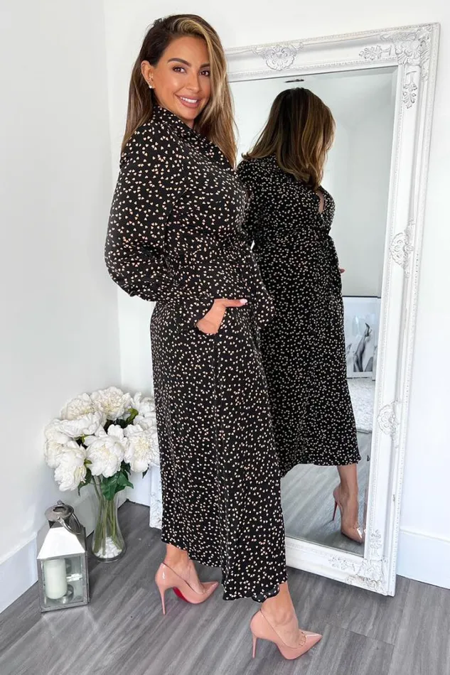 AX Paris Dresses Black Heart Printed Tie Waist Midi Shirt Dress
