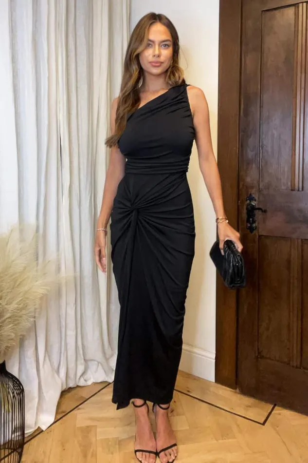 AX Paris Dresses Black One Shoulder Knot Skirt Midi Dress