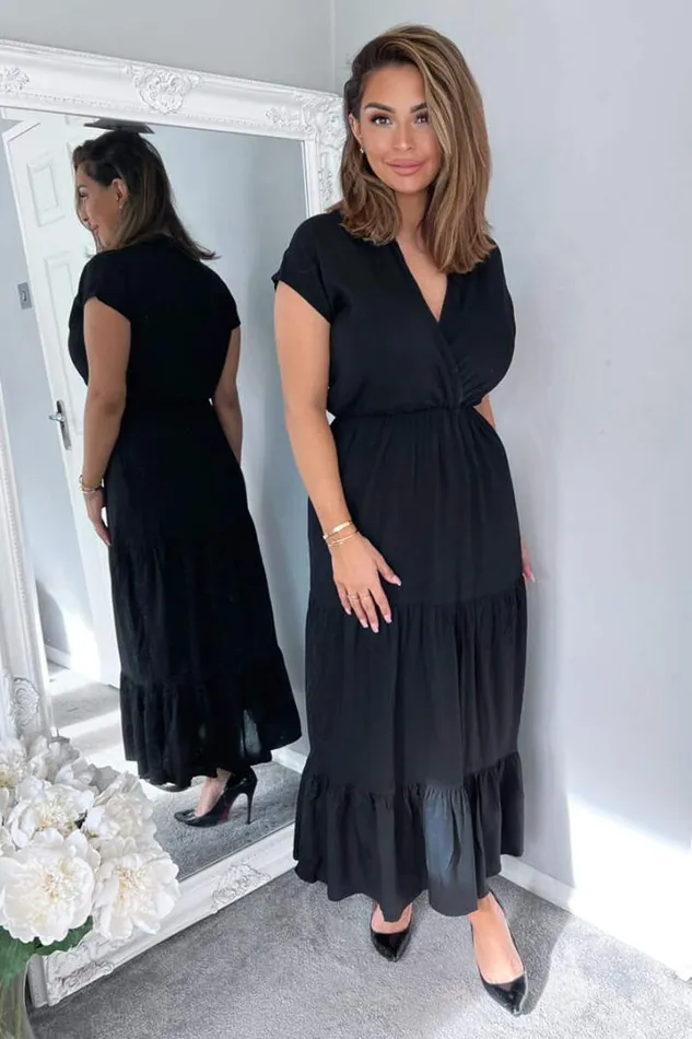 AX Paris Dresses Black Short Sleeved VNeck Midi Smock Dress