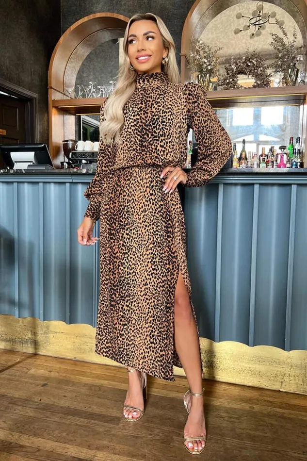 AX Paris Dresses Camel Animal Print High Neck Long Sleeve Midi Dress