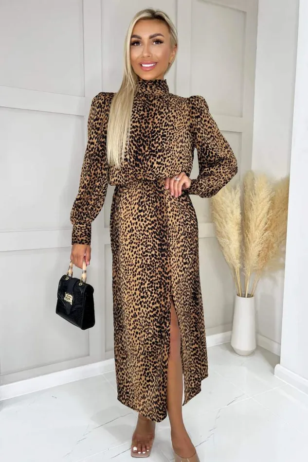 AX Paris Dresses Camel Animal Print High Neck Long Sleeve Midi Dress