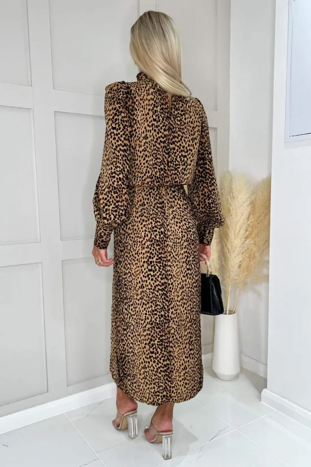 AX Paris Dresses Camel Animal Print High Neck Long Sleeve Midi Dress