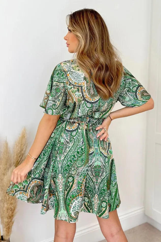 AX Paris Dresses Green Printed Short Sleeve Belted Mini Skater Dress