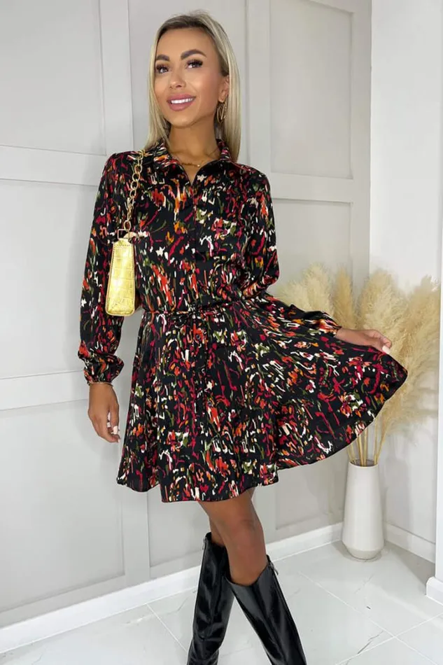 AX Paris Dresses Multi Print Long Sleeve Tie Waist Collared Skater Dress