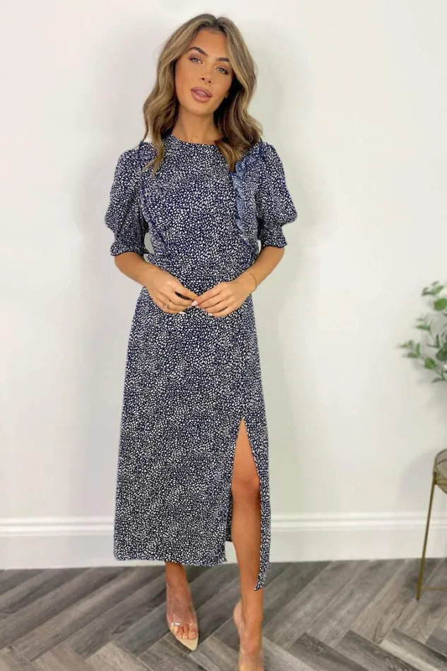 AX Paris Dresses Navy And White Printed Ruffle Front Midi Dress
