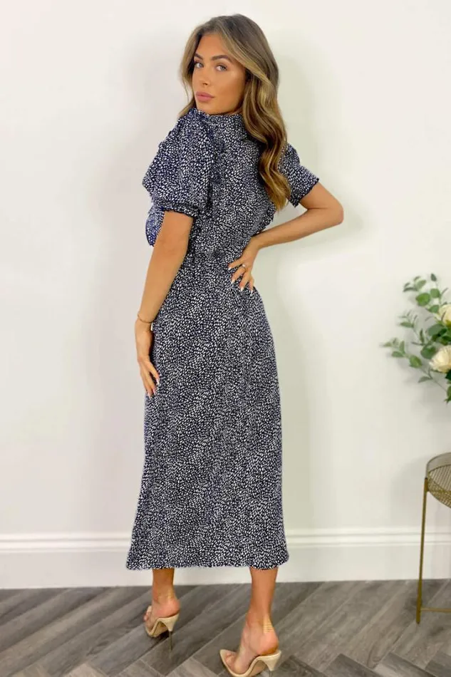 AX Paris Dresses Navy And White Printed Ruffle Front Midi Dress