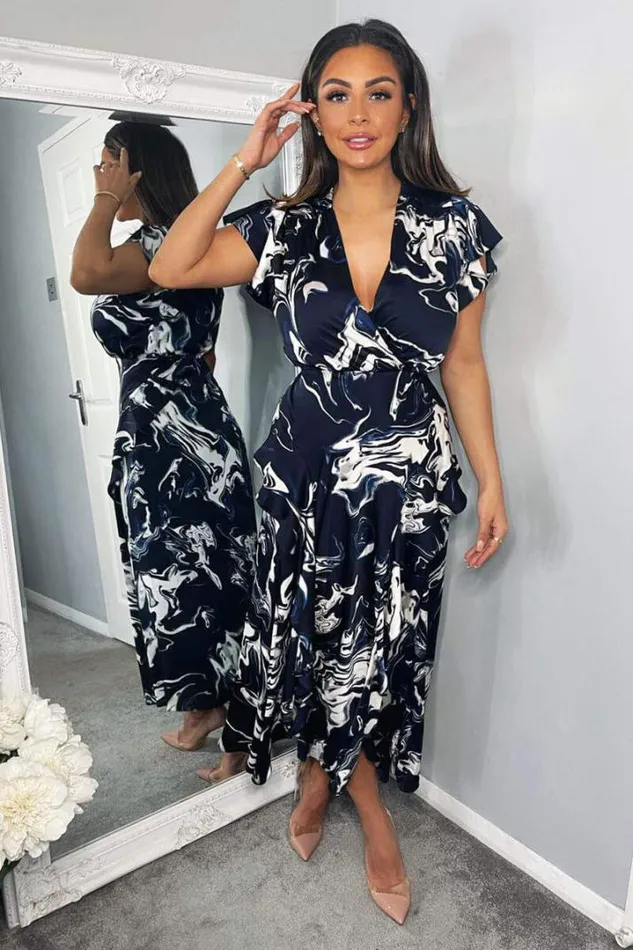 AX Paris Dresses Navy Marble Print Short Sleeve Ruffle Midi Dress