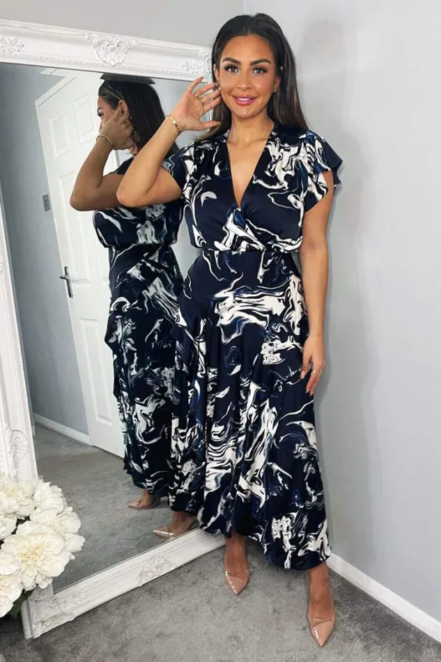 AX Paris Dresses Navy Marble Print Short Sleeve Ruffle Midi Dress