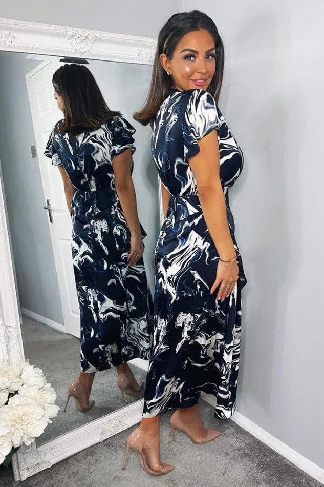 AX Paris Dresses Navy Marble Print Short Sleeve Ruffle Midi Dress