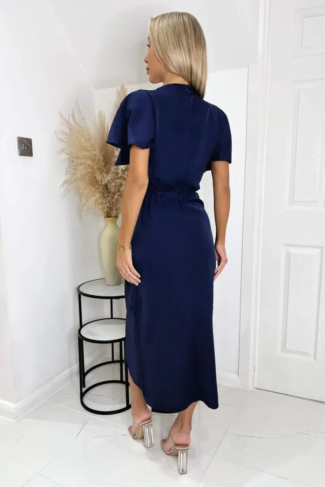 AX Paris Dresses Navy Short Sleeve V Neck Gold Buckle Wrap Midi Dress