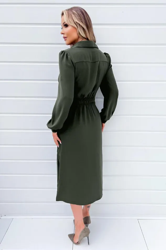 AX Paris Dresses Olive Button Front Tie Shirt Midi Dress