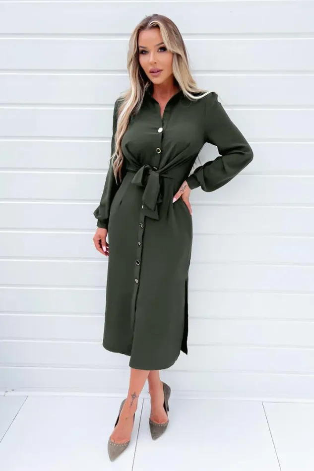 AX Paris Dresses Olive Button Front Tie Shirt Midi Dress
