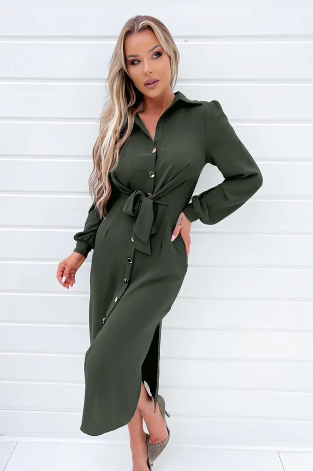 AX Paris Dresses Olive Button Front Tie Shirt Midi Dress