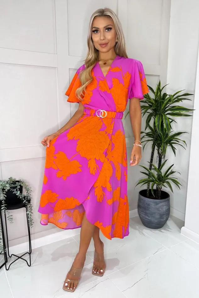 AX Paris Dresses Pink And Orange Floral Print Belted Wrap Midi Dress