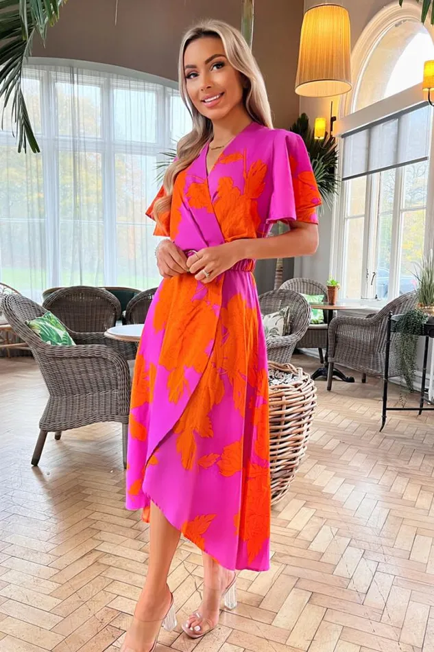 AX Paris Dresses Pink And Orange Floral Print Belted Wrap Midi Dress