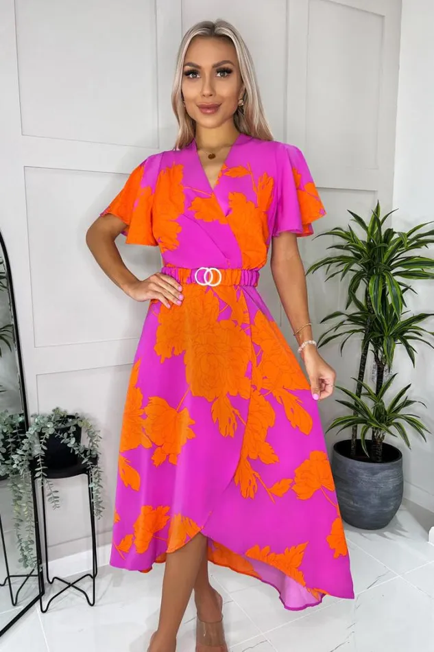 AX Paris Dresses Pink And Orange Floral Print Belted Wrap Midi Dress