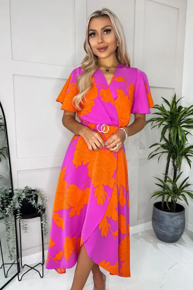 AX Paris Dresses Pink And Orange Floral Print Belted Wrap Midi Dress