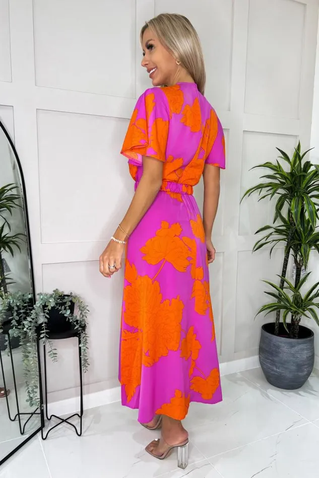 AX Paris Dresses Pink And Orange Floral Print Belted Wrap Midi Dress