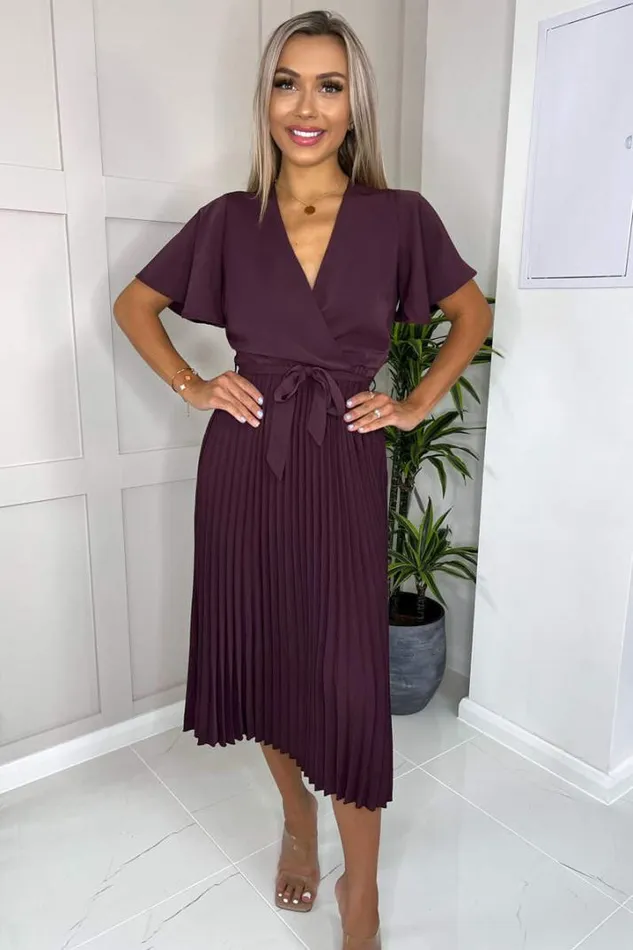 AX Paris Dresses Plum Belted Pleated Skirt Midi Dress