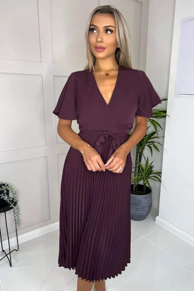 AX Paris Dresses Plum Belted Pleated Skirt Midi Dress