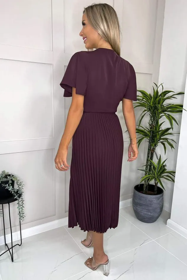 AX Paris Dresses Plum Belted Pleated Skirt Midi Dress