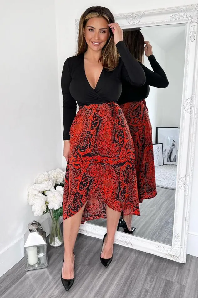 AX Paris Dresses Red And Black Printed Long Sleeve 2 In 1 Midi Dress
