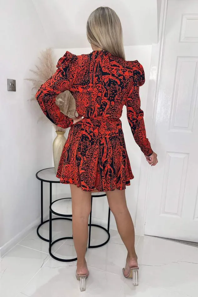 AX Paris Dresses Red And Black Printed Long Sleeve Belted Skater Dress