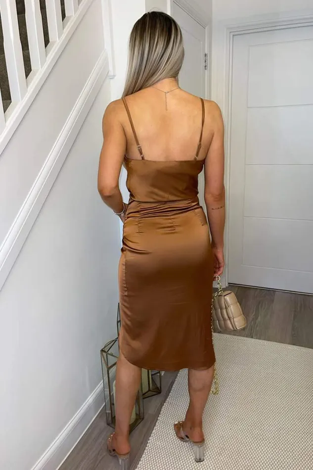 AX Paris Dresses Tan Pleated Wrap Cowl Neck Satin Midi Dress