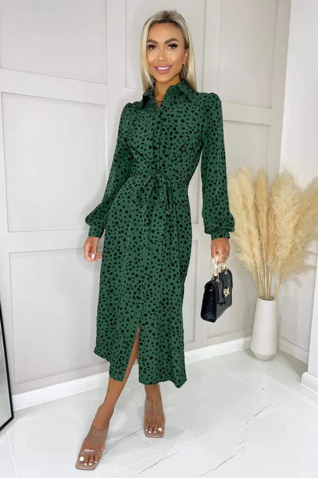 AX Paris Dresses Teal Printed Tie Waist Button Front Shirt Midi Dress