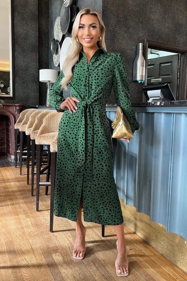 AX Paris Dresses Teal Printed Tie Waist Button Front Shirt Midi Dress