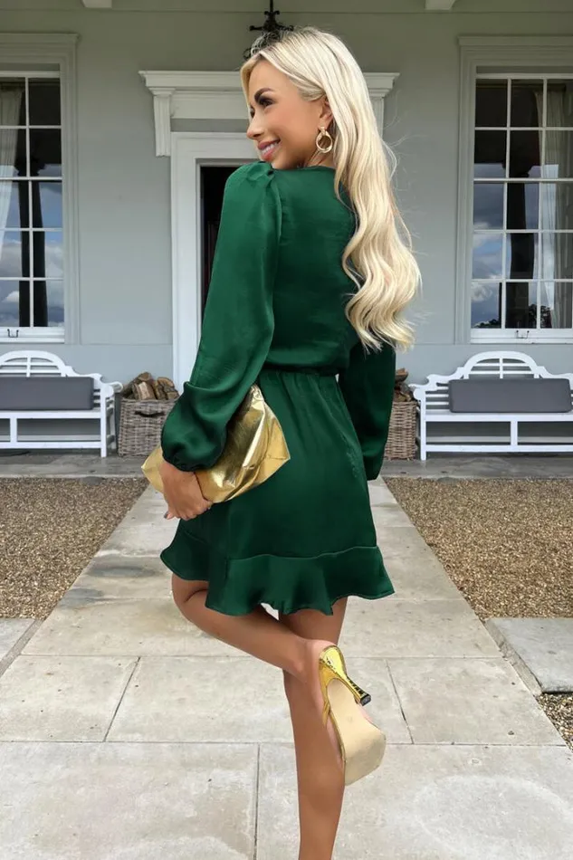 AX Paris Dresses Teal Satin Long Sleeve Pleated Shoulder Mini Dress