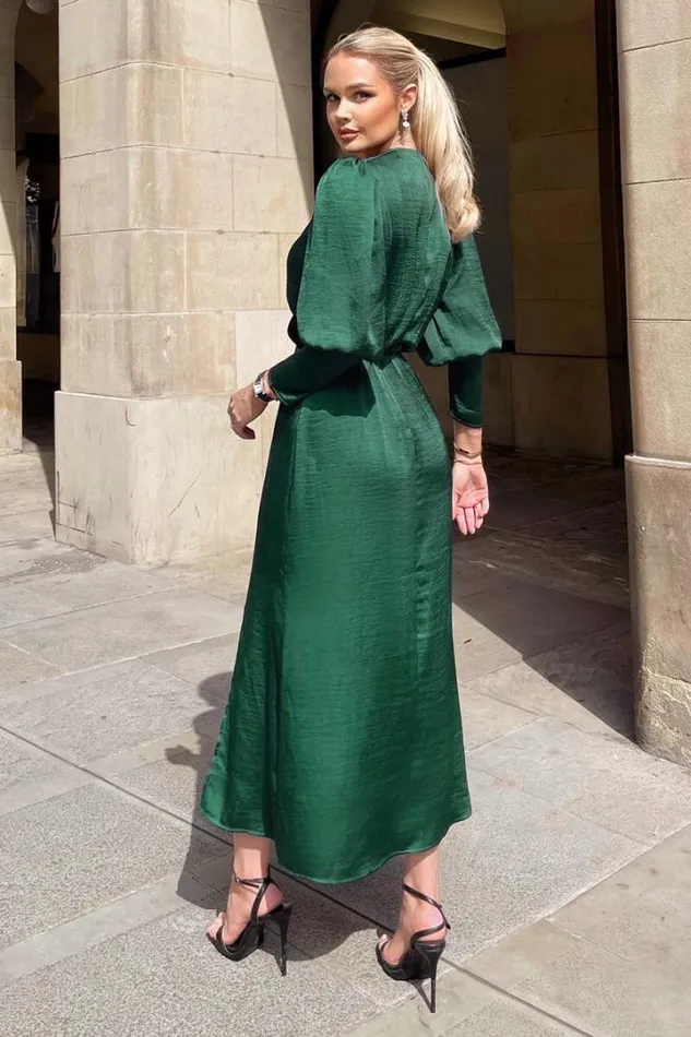AX Paris Dresses Teal Satin Wrap Top Long Sleeve Midi Dress