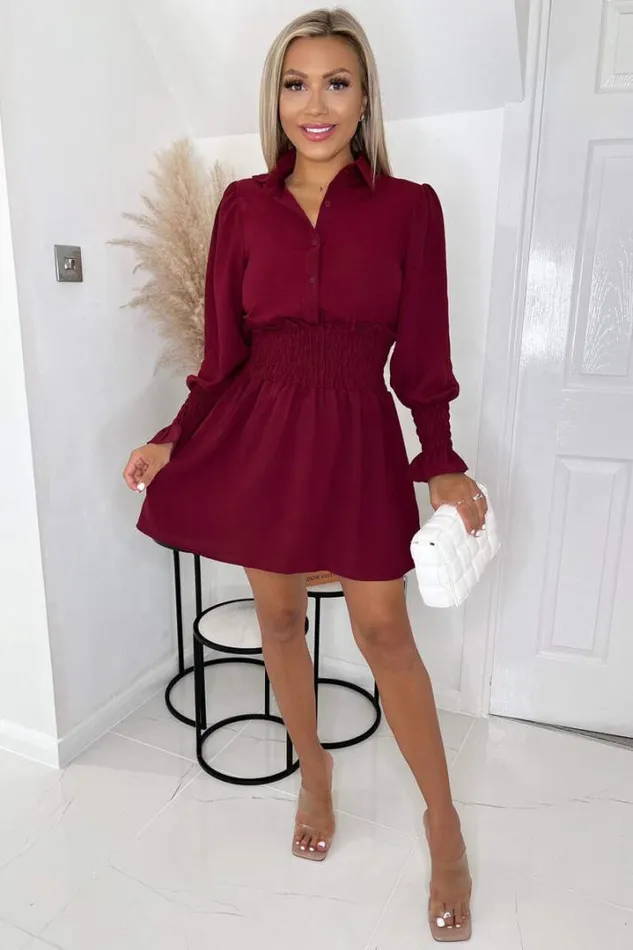 AX Paris Dresses Wine Shirred Waist Long Sleeve Shirt Dress