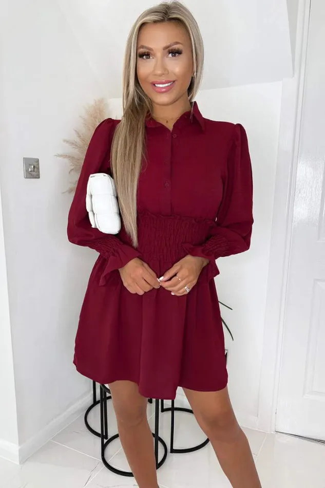 AX Paris Dresses Wine Shirred Waist Long Sleeve Shirt Dress