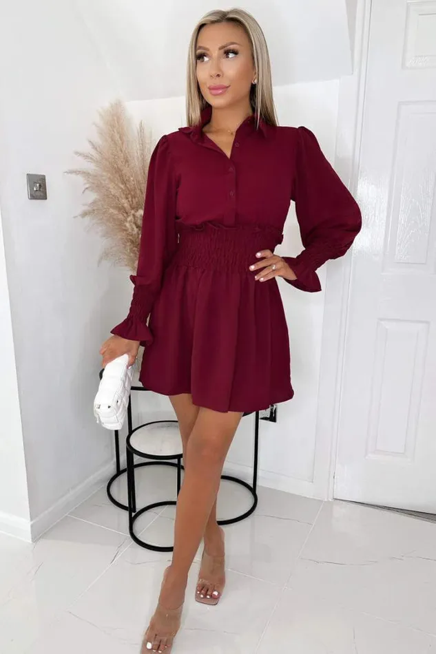 AX Paris Dresses Wine Shirred Waist Long Sleeve Shirt Dress