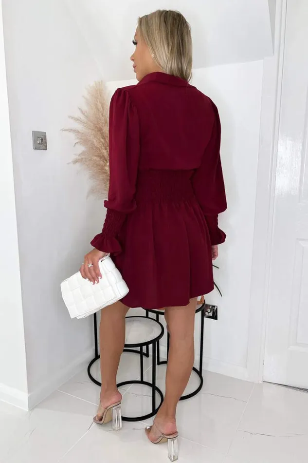 AX Paris Dresses Wine Shirred Waist Long Sleeve Shirt Dress