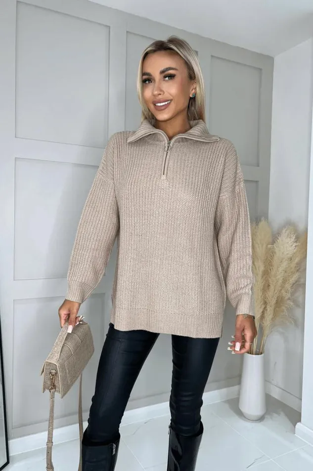 AX Paris Knitwear Oatmeal Half Zip Knitted Jumper
