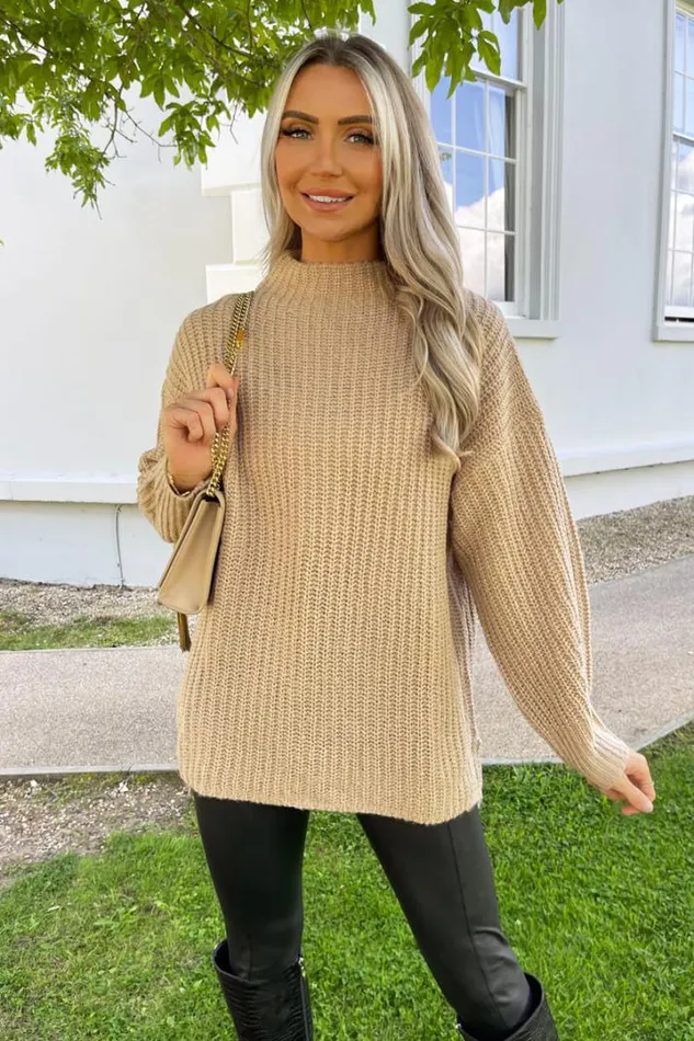 AX Paris Knitwear Oatmeal Mock Neck Oversized Knit Jumper